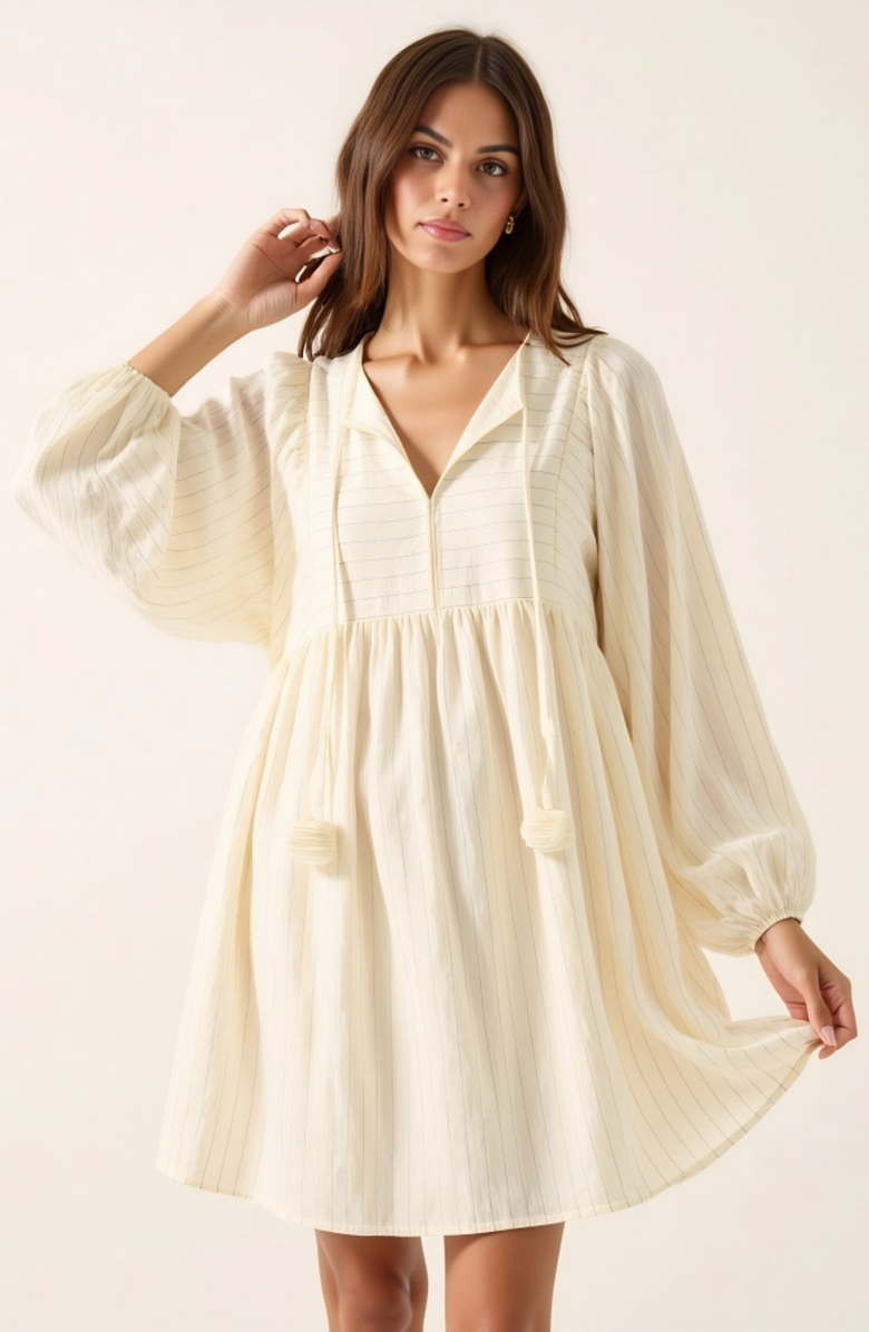 Modenaire Striped Tassel Tie Mini Dress with Balloon Sleeves, Alternate, color, 