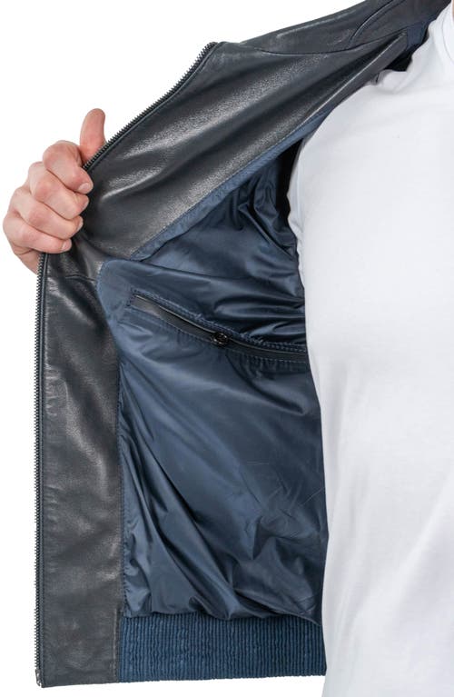 Maceoo Ladder Print Leather Jacket In Blue