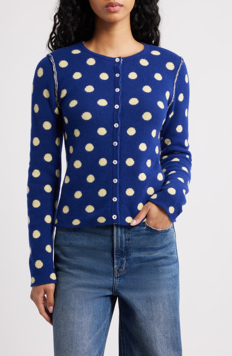 Damson Madder Tabitha Polka Dot Reversible Merino Wool Cardigan, Alternate, color, Butter