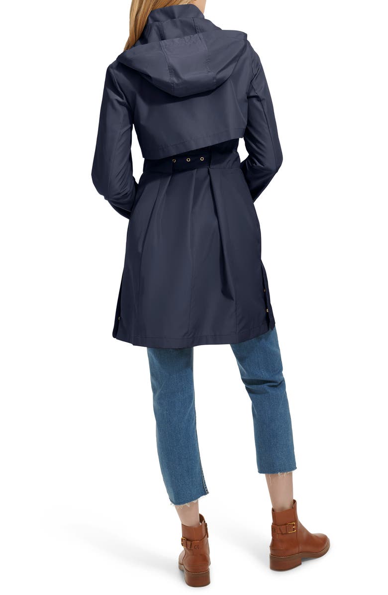 Cole Haan Belted Travel Packable Hooded Rain Jacket, Alternate, color, Indigo