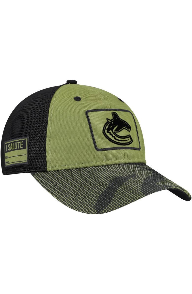 FANATICS Men's Fanatics  Olive Vancouver Canucks Military Appreciation Trucker Adjustable Hat, Main, color, 