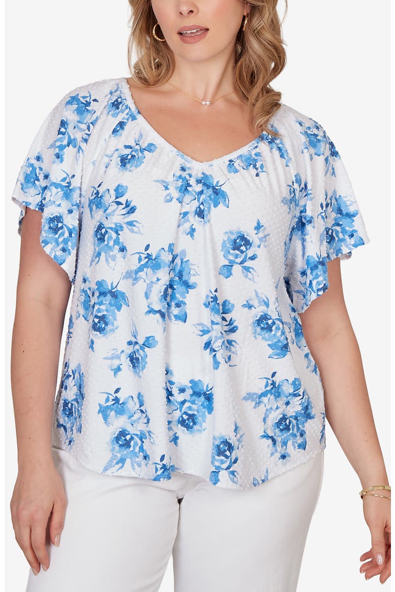 Floral Print Eyelet Top, Main, color, WHITE MULTI
