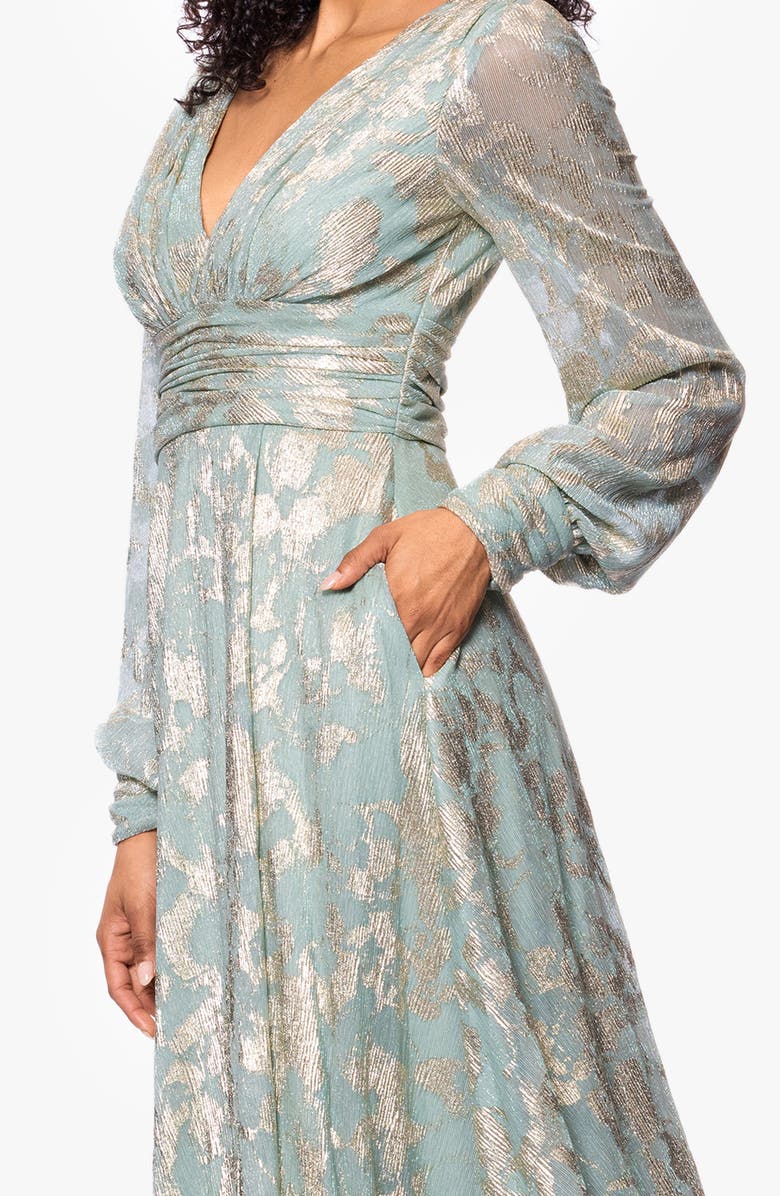 Betsy & Adam Foil Pattern Long Sleeve Gown, Alternate, color, Sage/ Gold