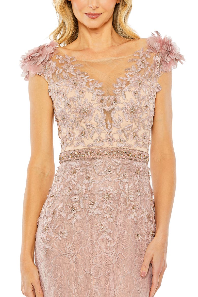 Embroidered Illusion Appliqued Bodice Trumpet Gown, Alternate, color, MOCHA