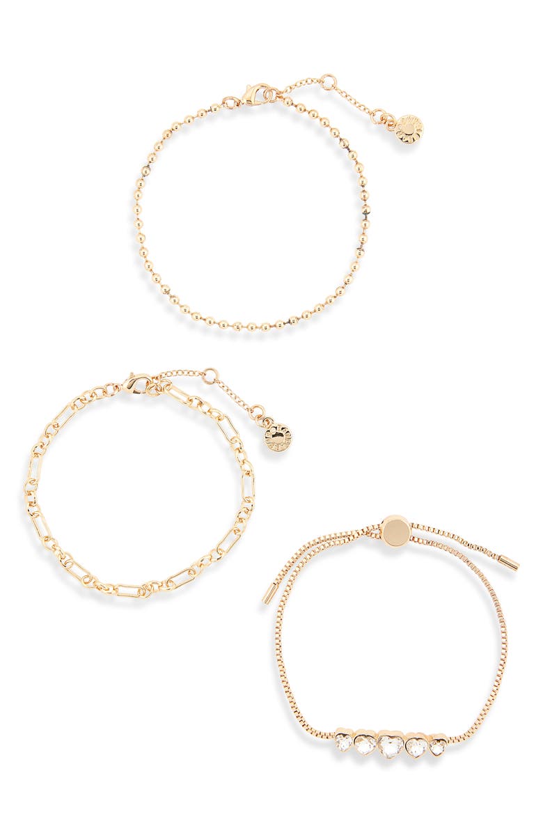 BaubleBar Layers of Love Set of 3 Crystal Heart & Chain Bracelets, Alternate, color, Gold