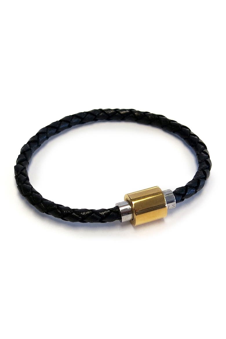 18K Gold Plated & Sterling Silver Hardware Braided Leather Bracelet, Main, color, BLACK