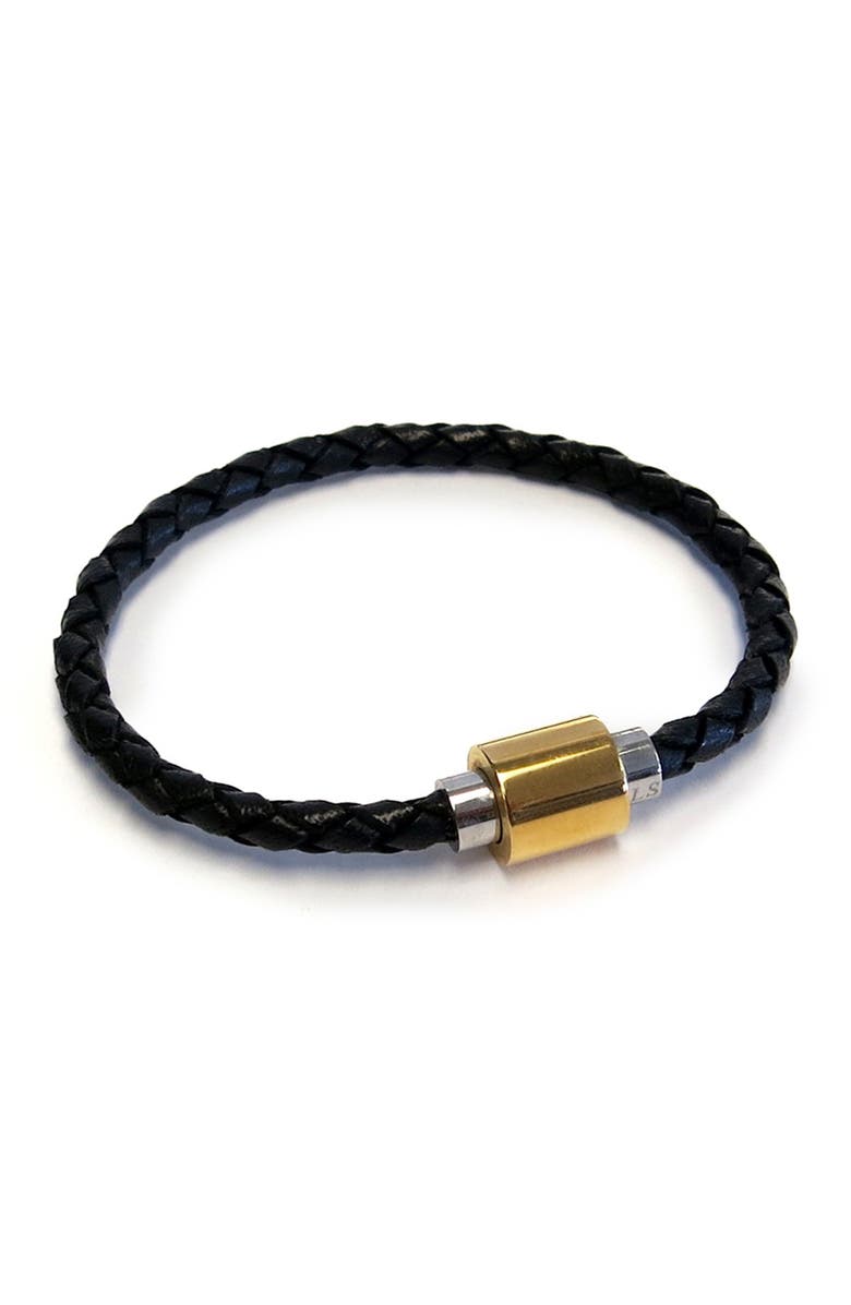 Liza Schwartz 18K Gold Plated & Sterling Silver Hardware Braided Leather Bracelet, Main, color, Black