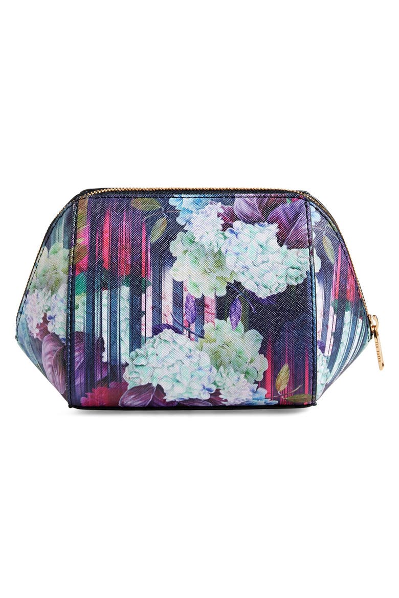 'Hydrangea' Floral Print Cosmetics Case, Alternate, color, NAVY