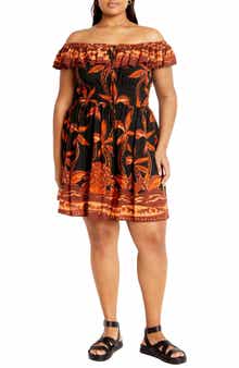 City Chic Tahitian Border Print Off the Shoulder Dress