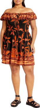 City Chic Tahitian Border Print Off the Shoulder Dress