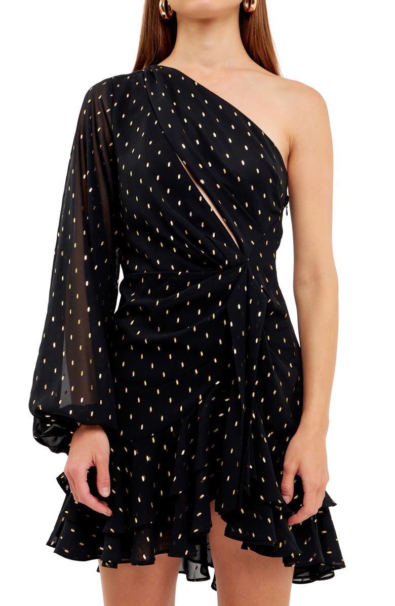 Endless Rose One-Shoulder Chiffon Minidress, Alternate, color, Black