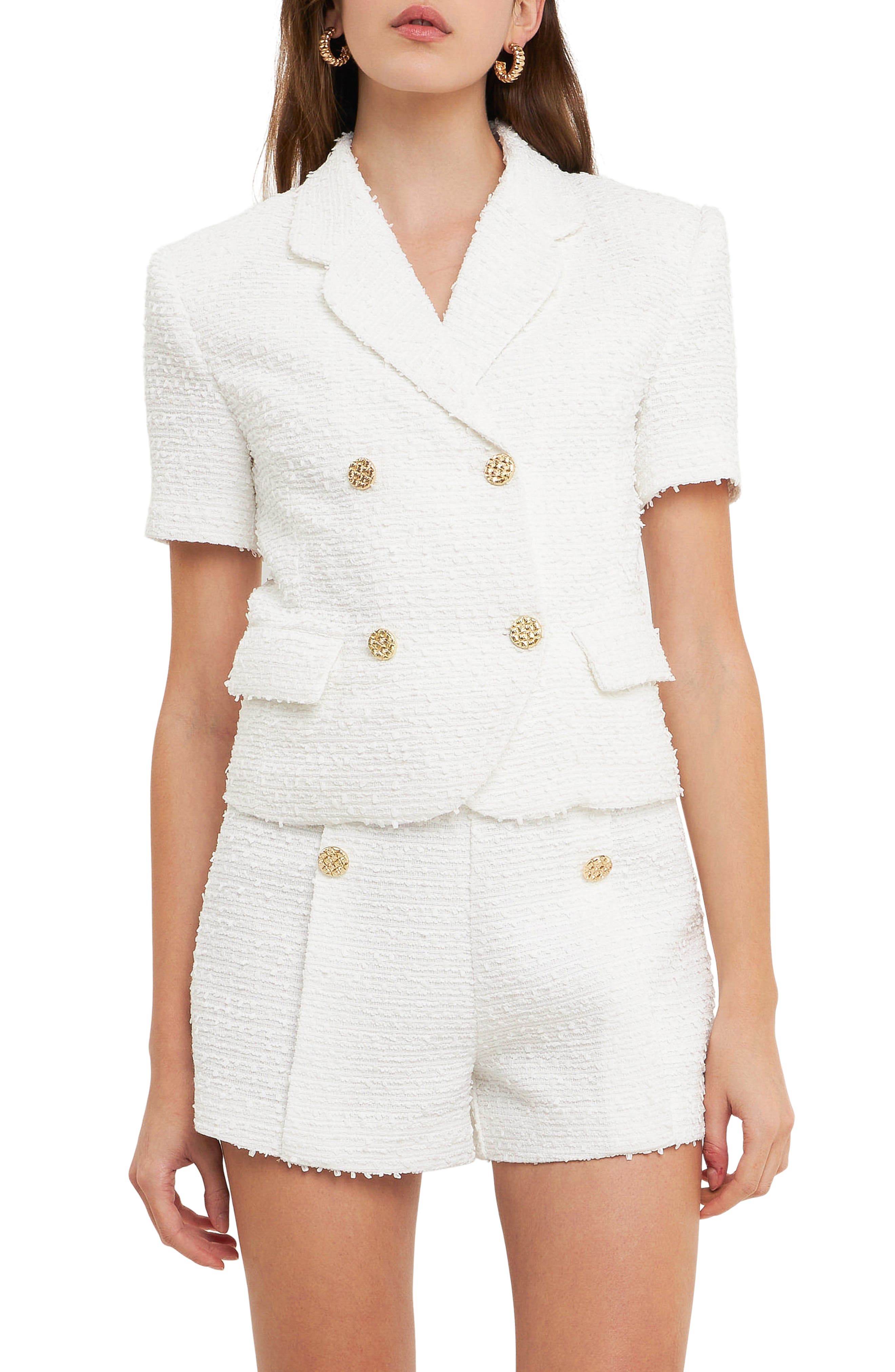 Double Breasted Short Sleeve Tweed Blazer