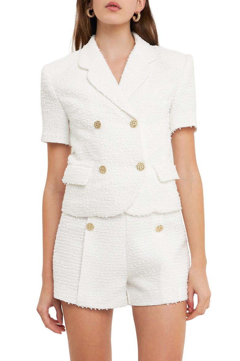 Double Breasted Short Sleeve Tweed Blazer, Main, color, WHITE