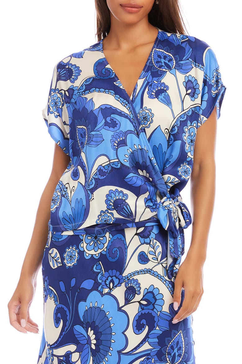 Blouson Side Tie Satin Wrap Top, Main, color, BLUE PRINT