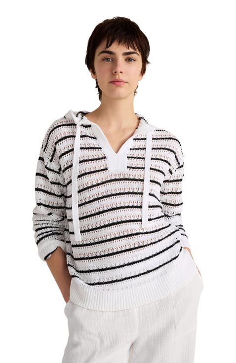 Linen Cotton Blend Striped Open Stitch Hoodie