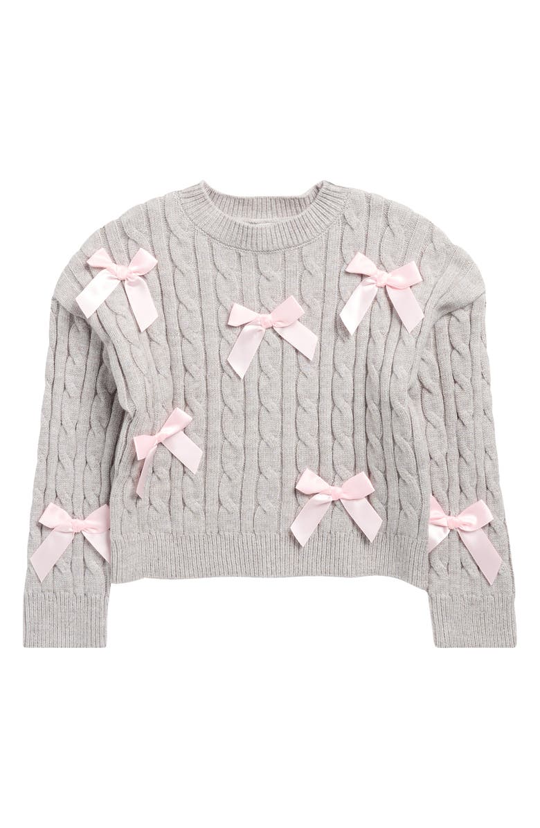 Vigoss Kids' Satin Bow Cable Stitch Sweater, Main, color, Light Heather Grey