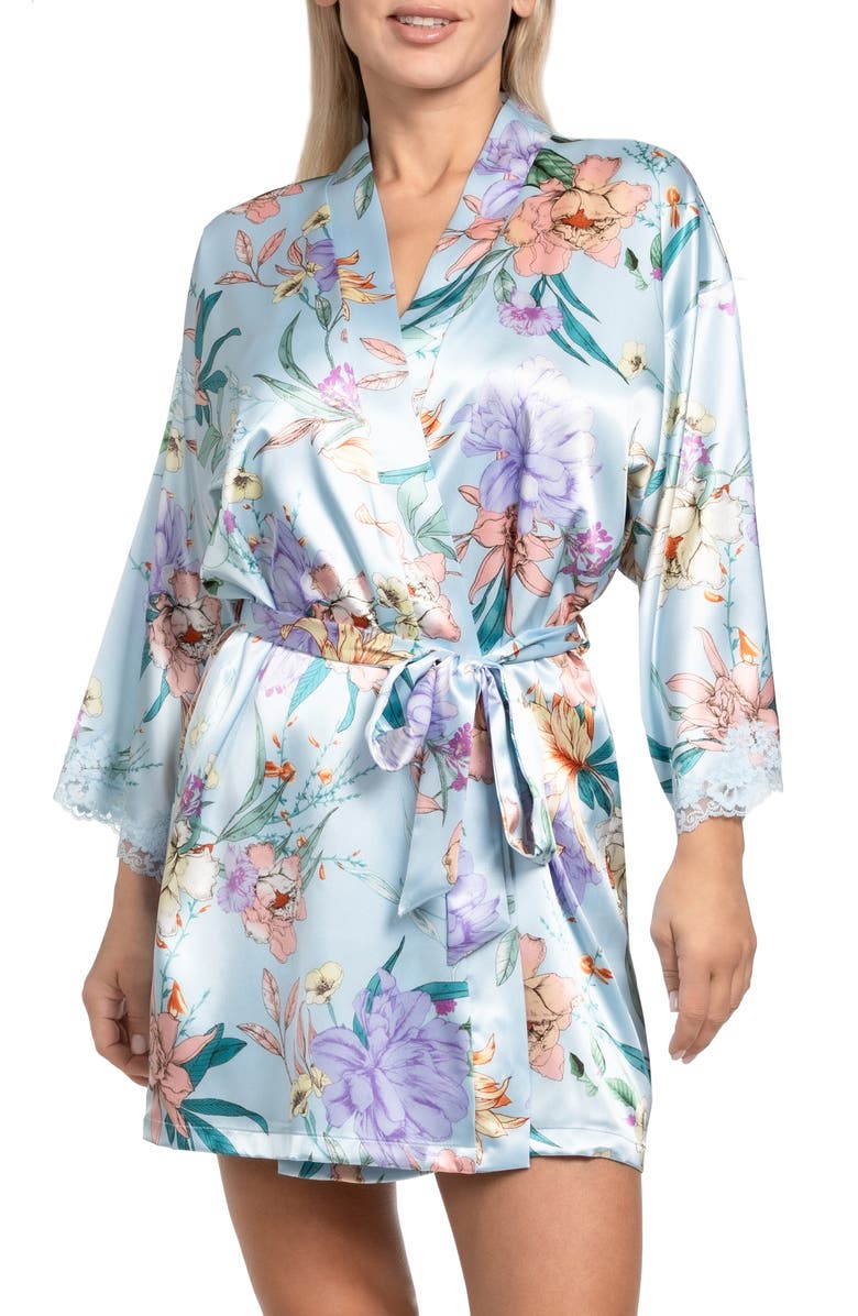 In Bloom by Jonquil Josie Lace Trim Stretch Satin Robe, Main, color, Sky Blue