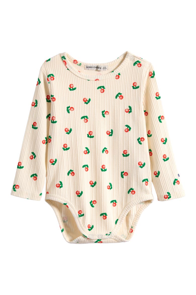 Stamp Bloom Stretch Organic Cotton Rib Bodysuit, Main, color, OFF WHITE