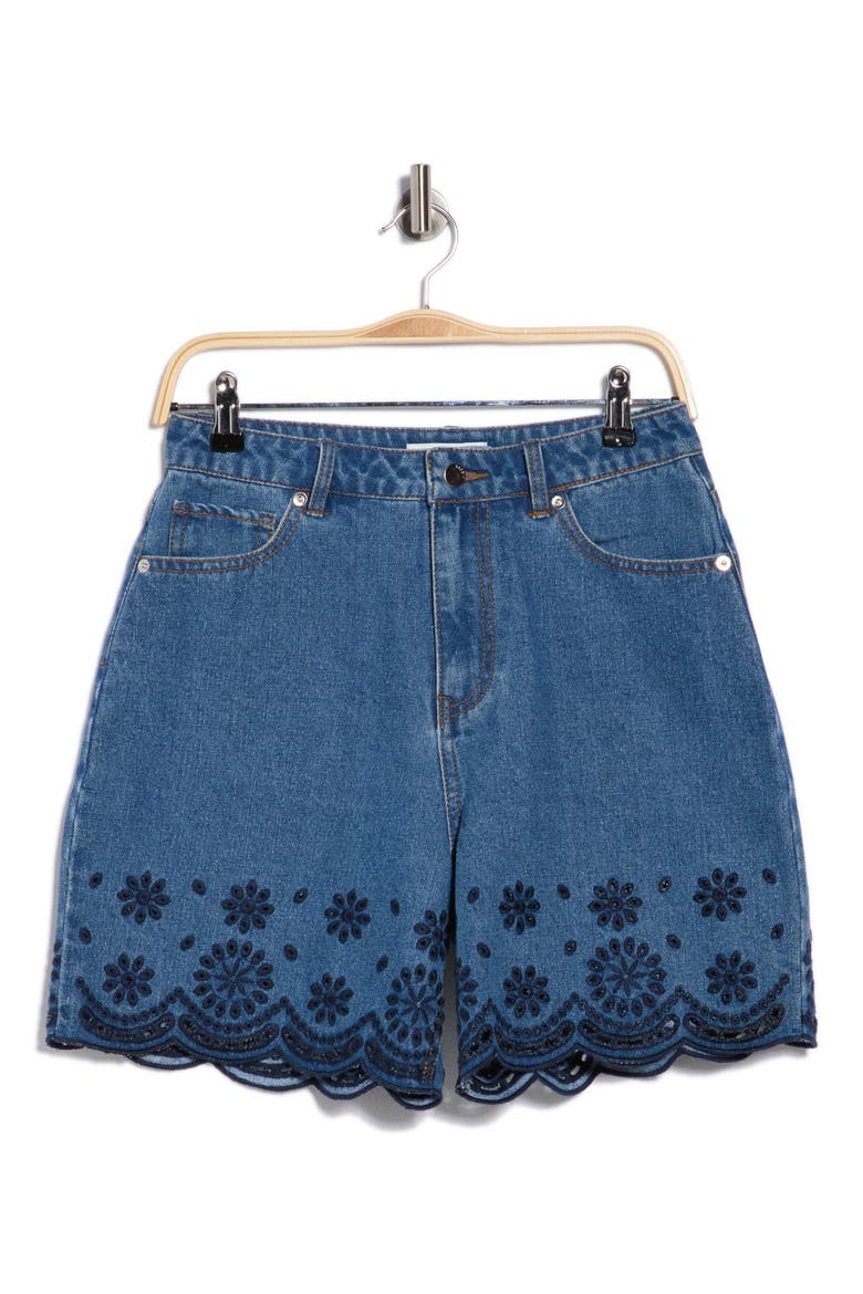 Eyelet Trim Denim Shorts, Alternate, color, DARK WASH