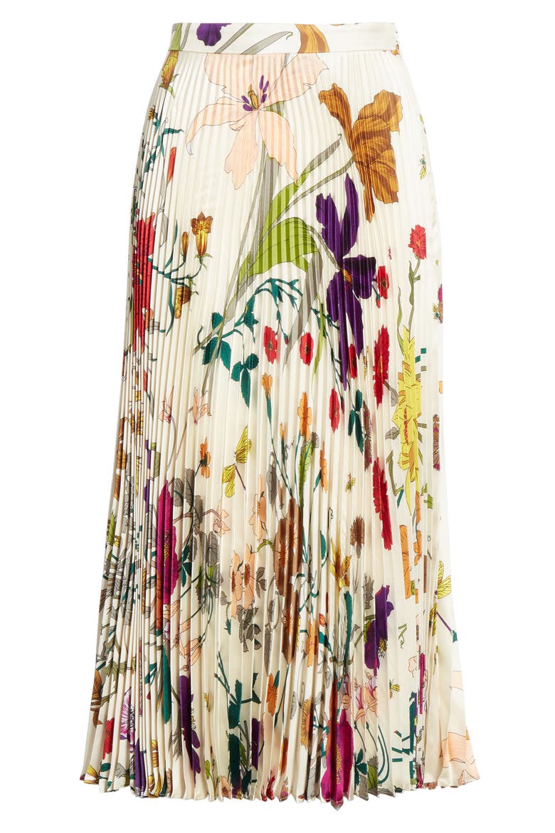 Gothic Floral Print Pleated Silk Twill Midi Skirt, Alternate, color, IVORY PRINTED