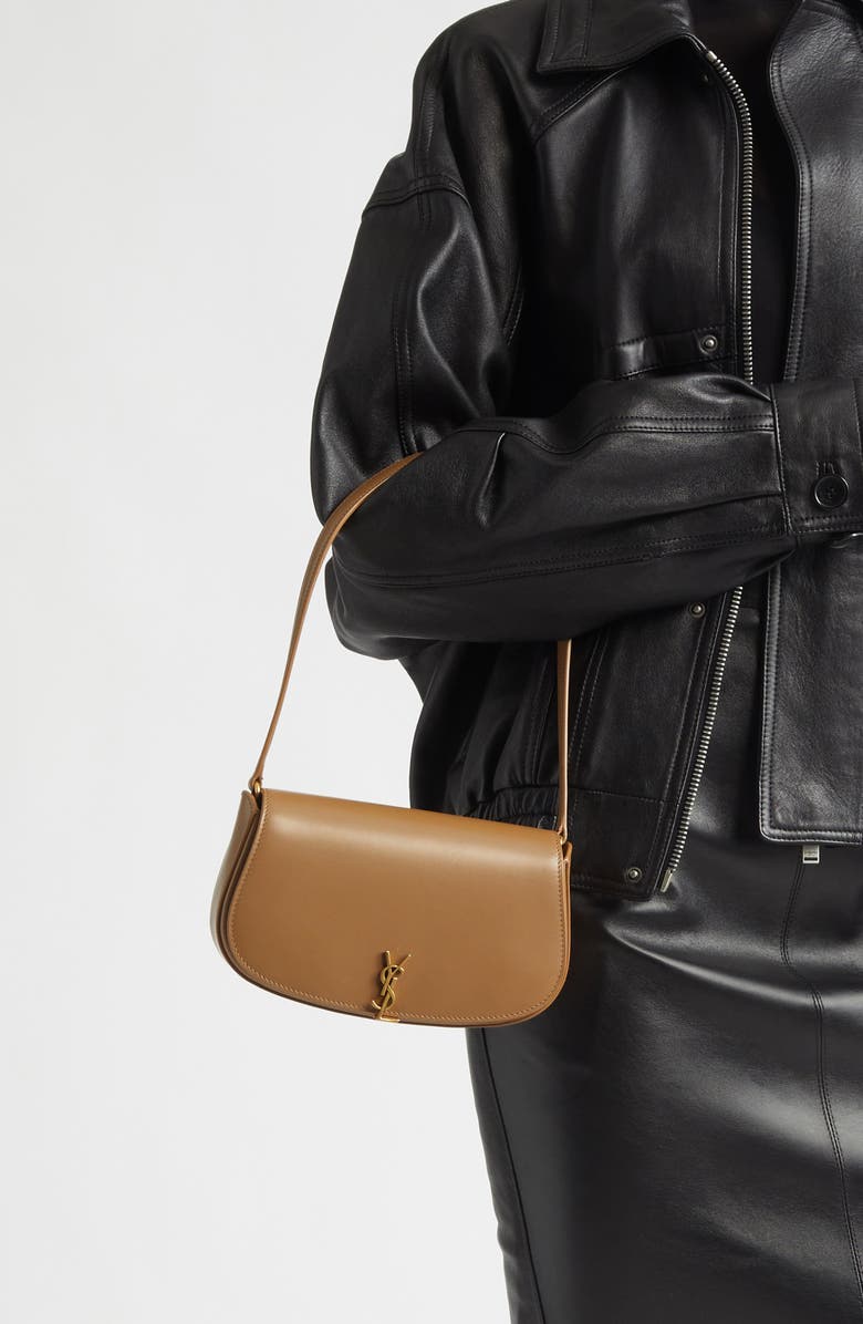 Saint Laurent Mini Cassandre Flap Leather Shoulder Bag, Alternate, color, Dark Cork