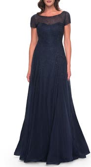 La Femme Beaded A-Line Dress with Illusion Neckline and Sleeves