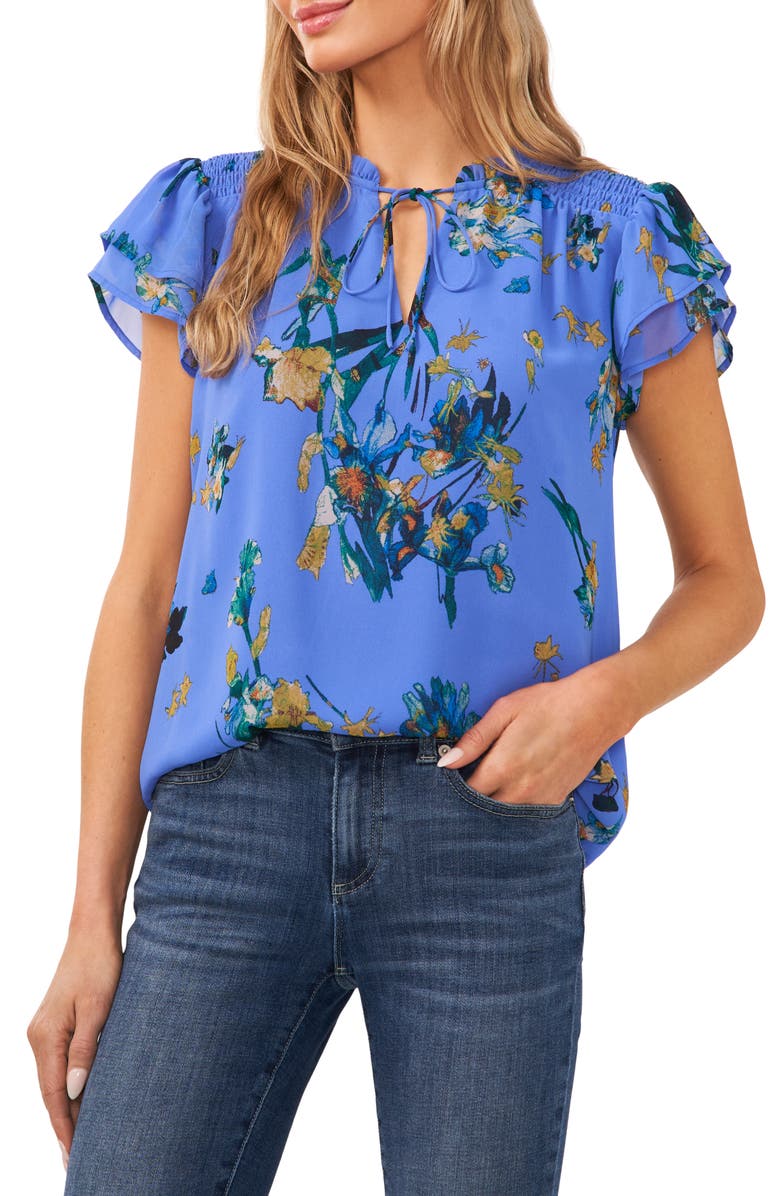 CeCe Floral Tie Neck Flutter Sleeve Top, Main, color, 