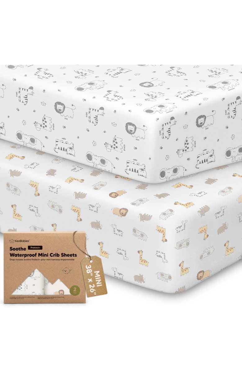 KeaBabies 2-Pack Soothe [Protect+] Waterproof Mini Crib Sheets, Main, color, Keasafari
