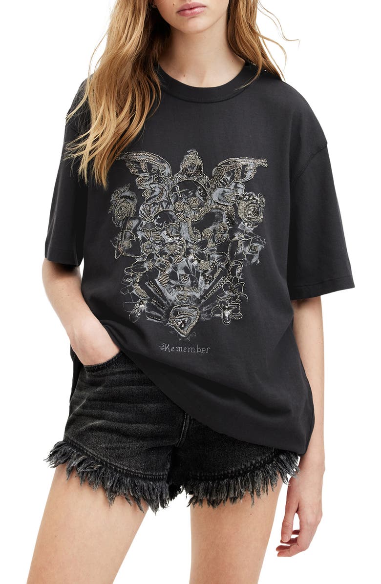 AllSaints Covenant Oversize Embellished Cotton Graphic T-Shirt, Main, color, Washed Black
