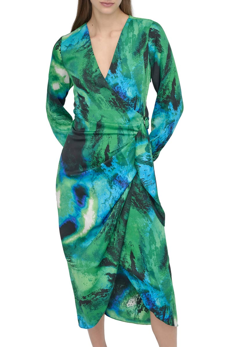 DKNY Long Sleeve Faux Wrap Midi Dress, Alternate, color, Black/ Green