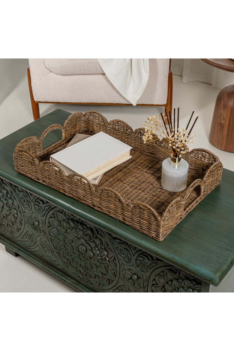 Scalloped 21.5" Southwestern Cottage Hand-Woven Rattan Tray with Handles, Natural, Alternate, color, Natural