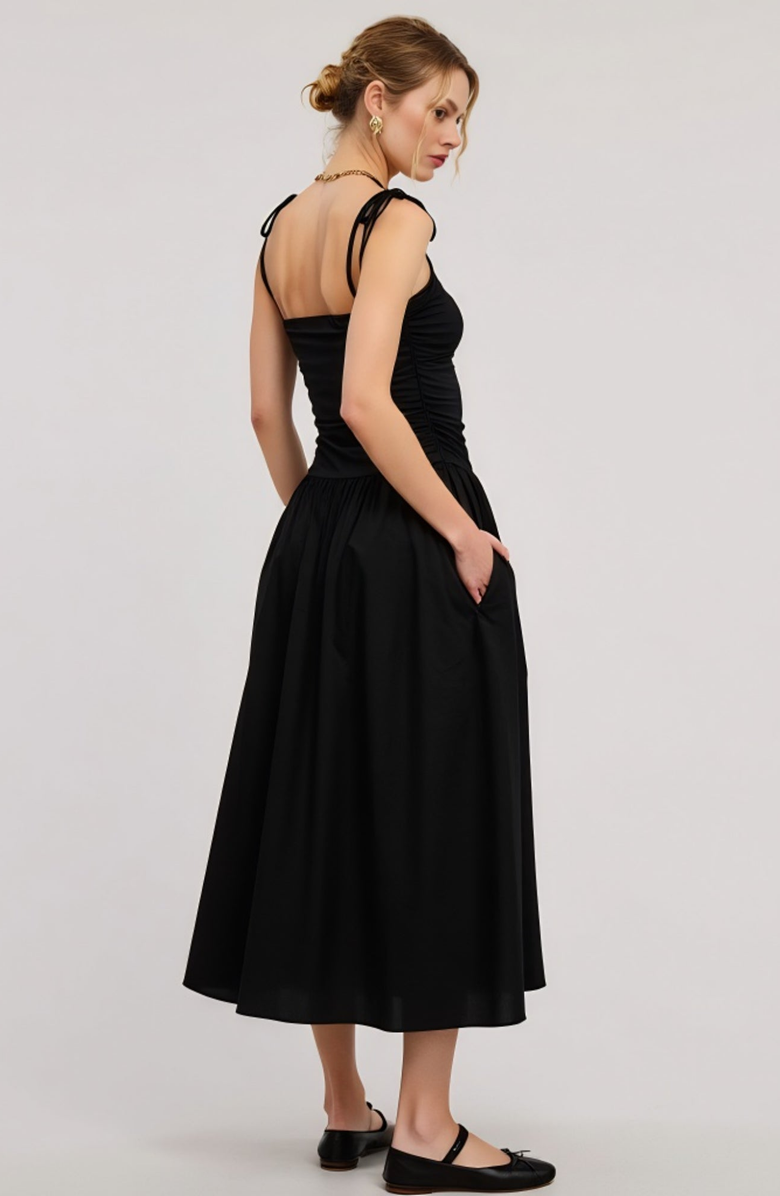 Modenaire Ruched Bodice Tie Strap Gathered Skirt Midi Dress, Alternate, color, Black