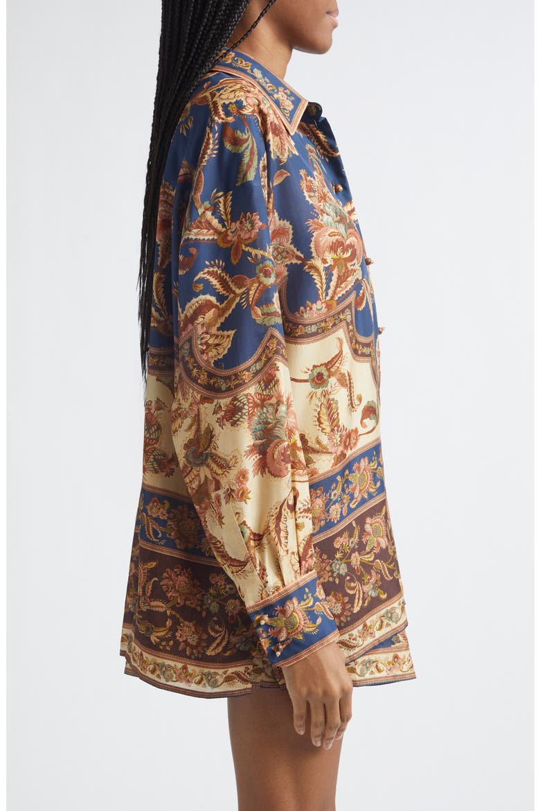 Aster Floral Border Print Silk Shirt, Alternate, color, NAVY JACOBEAN
