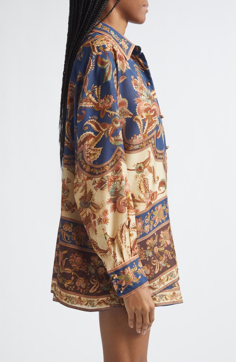 Zimmermann Aster Floral Border Print Silk Shirt, Alternate, color, Navy Jacobean