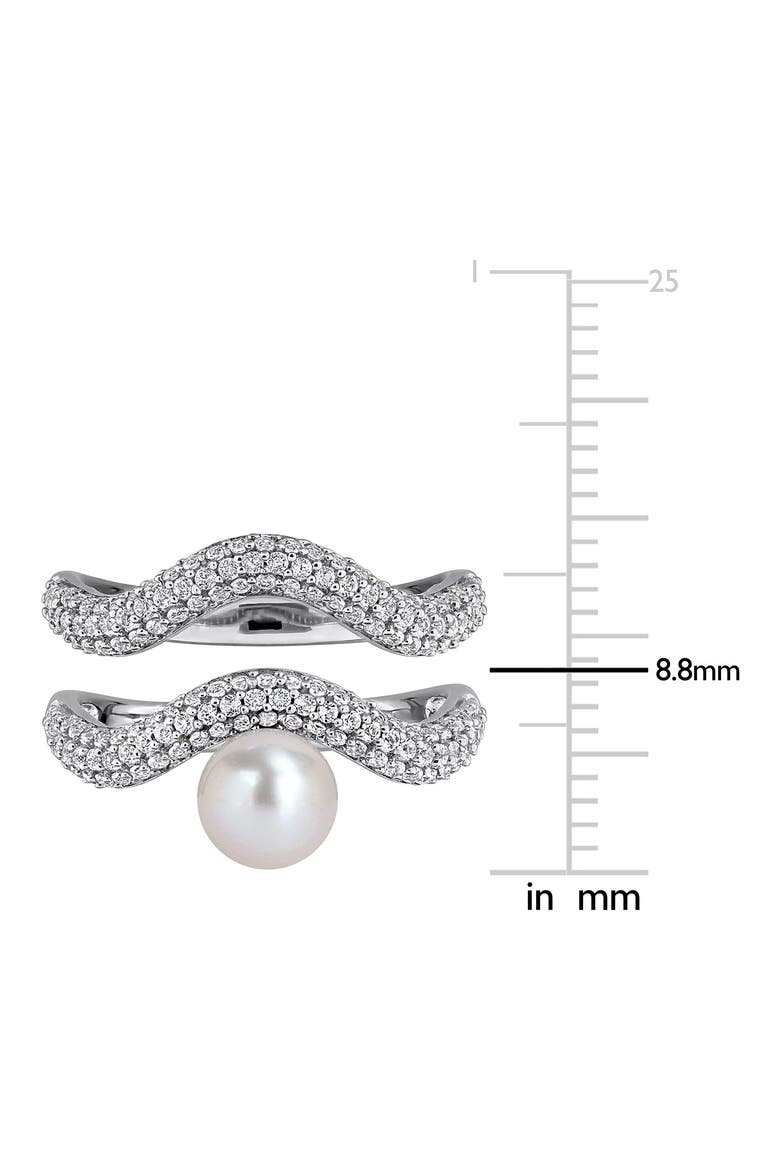 Set of 2 Sterling Silver Pavé White Topaz & Cultured Pearl Wavy Band Rings, Alternate, color, WHITE