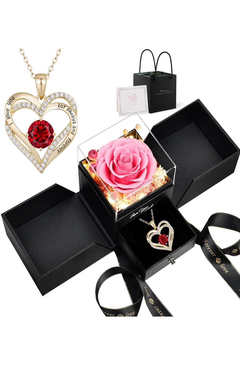 Lovery Preserved Pink Rose with Led Lights & 14K Gold Plated Double Heart Ruby Necklace, Main, color, Black, Pink