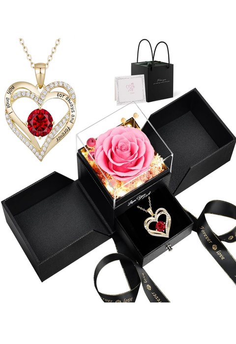 Preserved Pink Rose with Led Lights & 14K Gold Plated Double Heart Ruby Necklace
