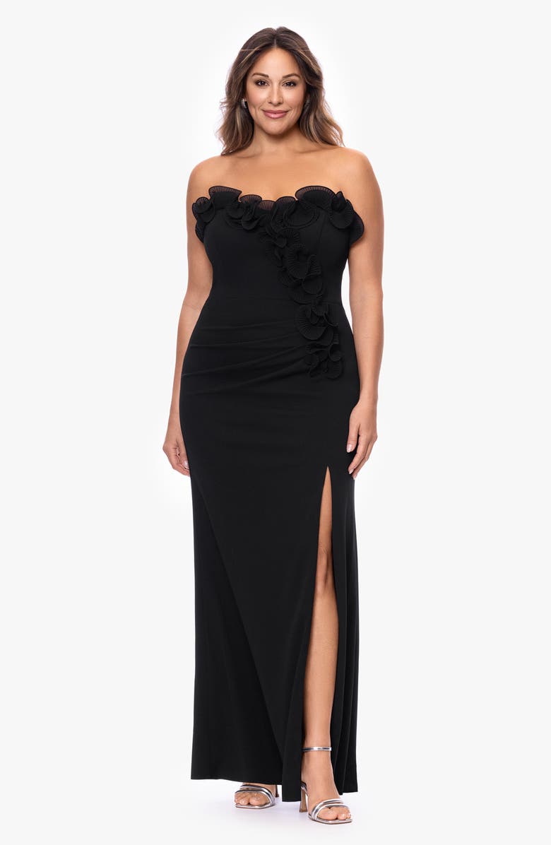 Xscape Evenings Pleat Ruffle Strapless Scuba Gown, Alternate, color, 