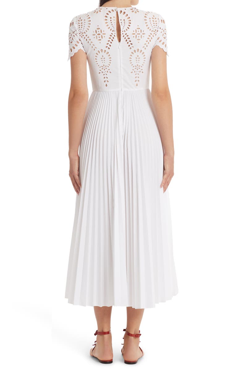 Valentino Garavani Valentino Broderie Anglaise Pleated Cotton Blend Midi Dress, Alternate, color, 