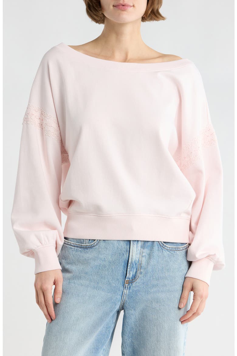 Lace Trim One-Shoulder Sweatshirt, Main, color, PINK HEAVEN