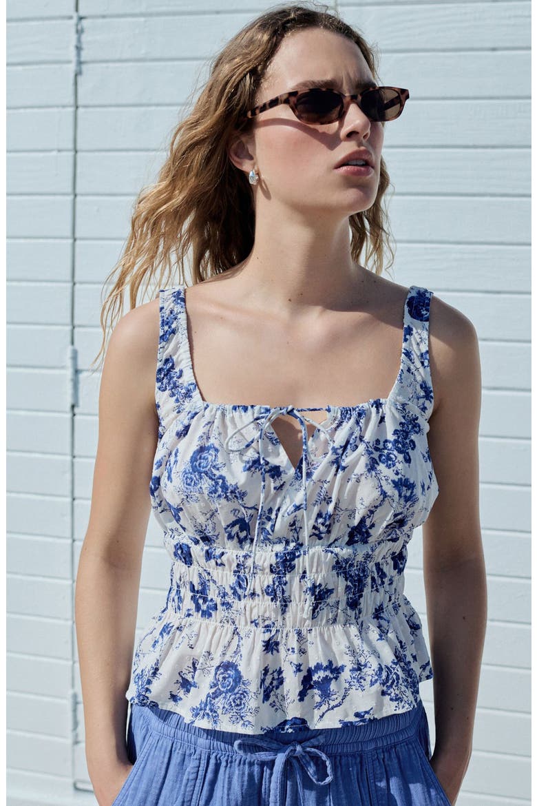 Floral Smocked Cotton Camisole, Alternate, color, WHITE/ BLUE