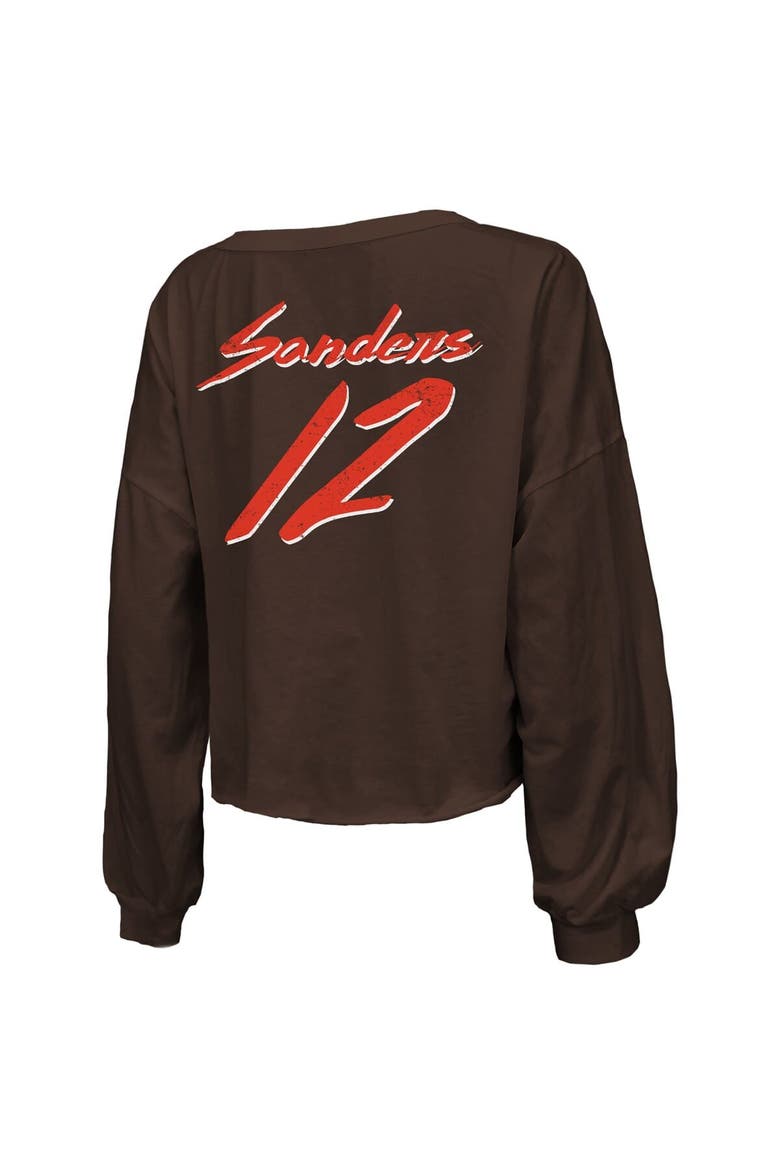 Women's Majestic Threads Shedeur Sanders Brown Cleveland Browns Name & Number Off-Shoulder Script Cropped Long Sleeve Relaxed V-Neck T-Shirt, Alternate, color, Brown