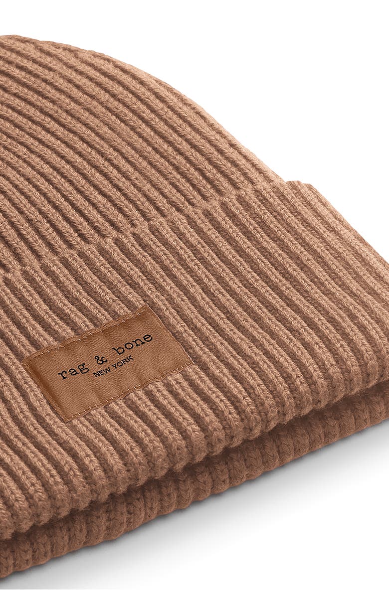rag & bone Blake Logo Patch Wool Blend Rib Beanie, Alternate, color, Camel