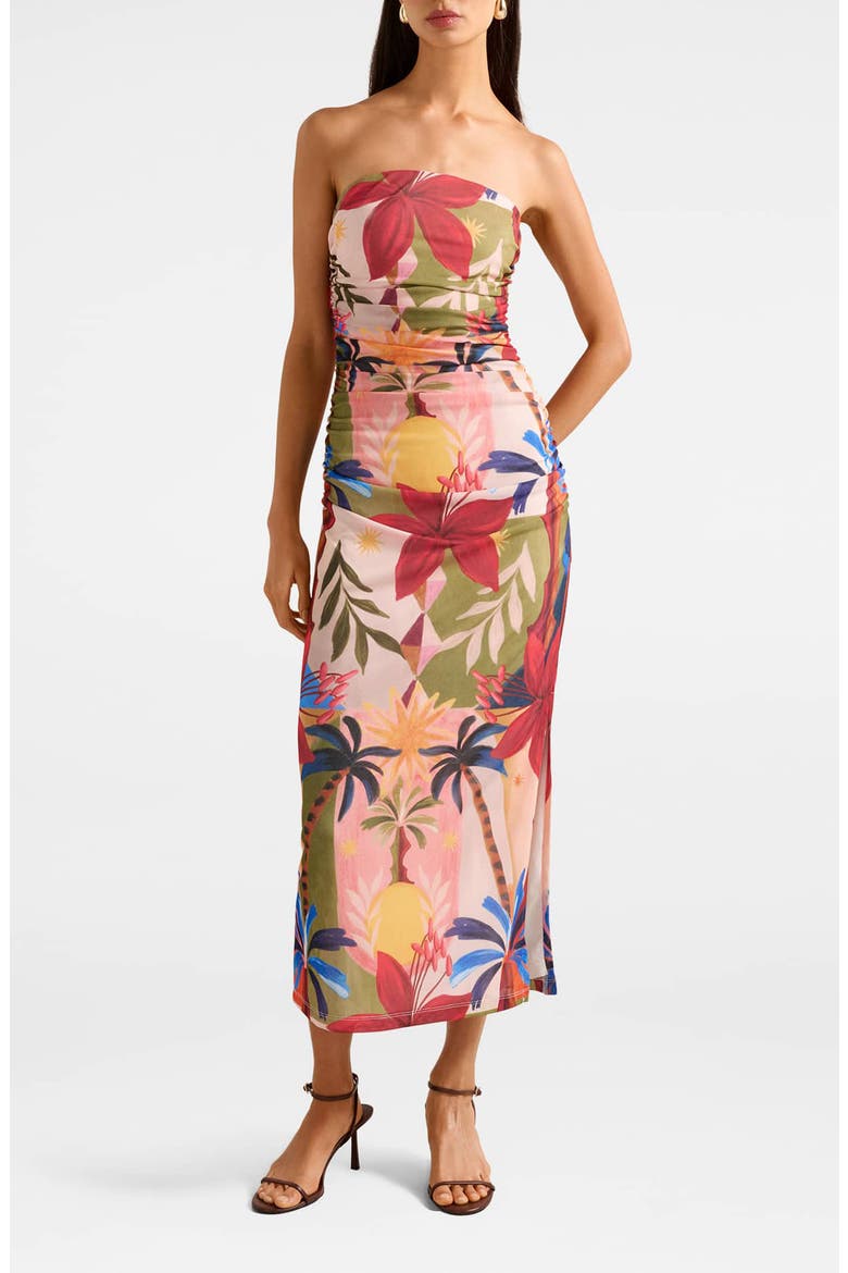 Alex Strapless Ruched Mesh Maxi Dress, Main, color, HAVANA HOLIDAY