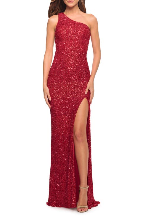 La Femme One Shoulder Luxurious Soft Sequin Dress With Slit In Red