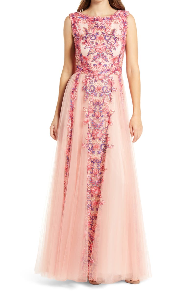 Tadashi Shoji Embroidered Floral Tulle Gown, Main, color, 