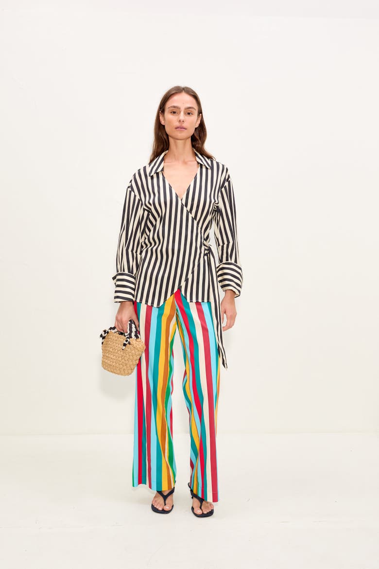 Anya Poplin Wrap Top, Alternate, color, Black/White Stripe