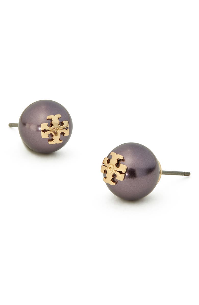 Tory Burch Moondance Pearl Stud Earrings, Alternate, color, Tory Gold / Dark Purple