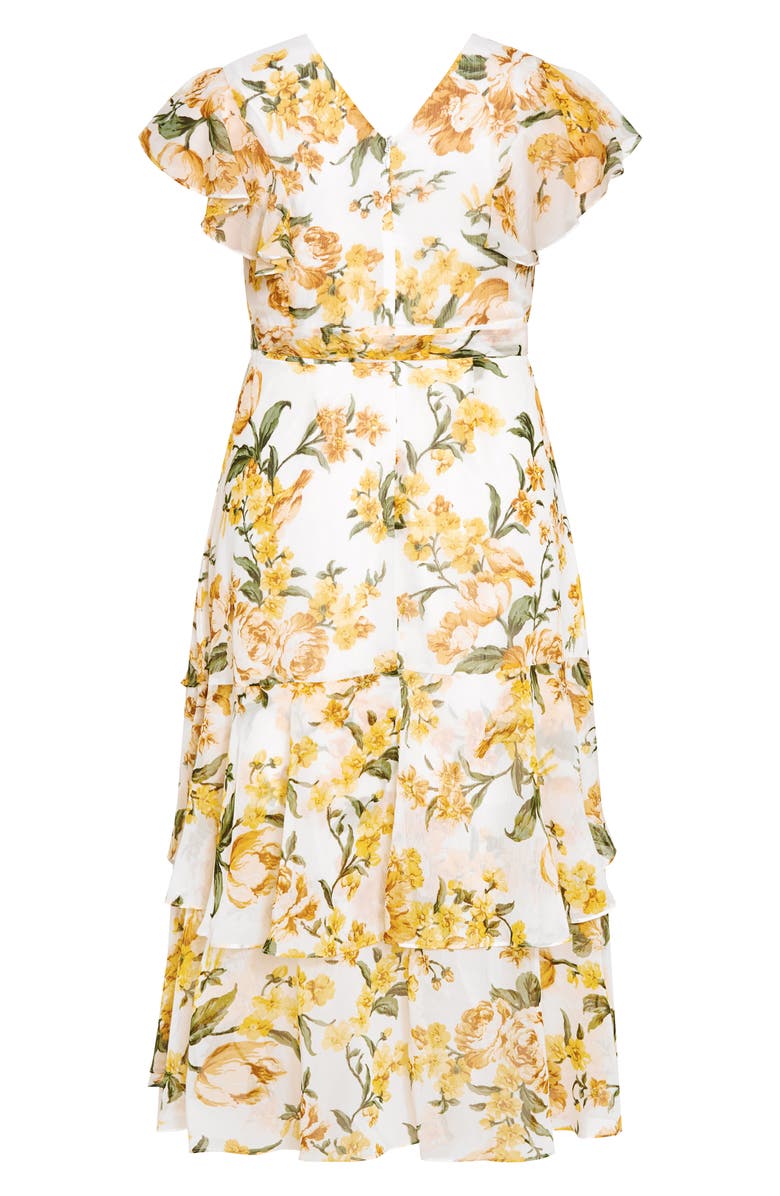 City Chic Floral Faux Wrap Tiered Midi Dress, Alternate, color, Yellow Floral