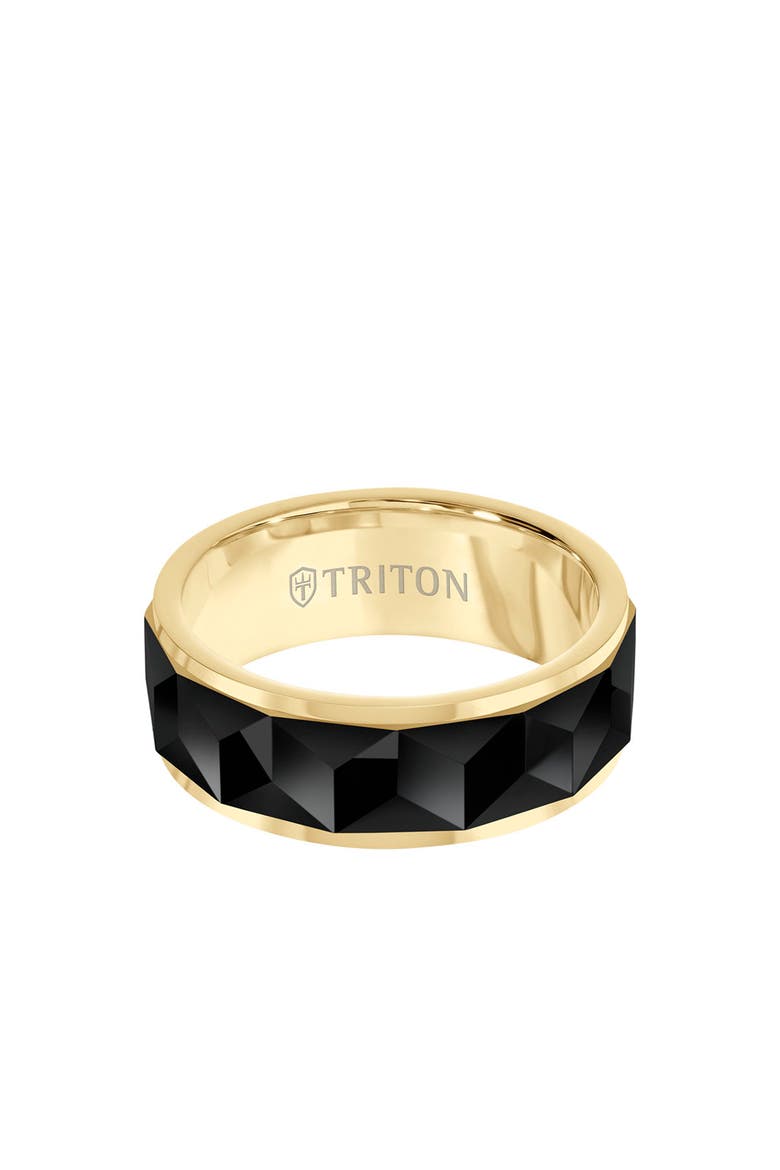 8MM Tungsten Carbide Ring with Faceted Chevron Pattern and Bevel Edge, Alternate, color, Metallic Gold